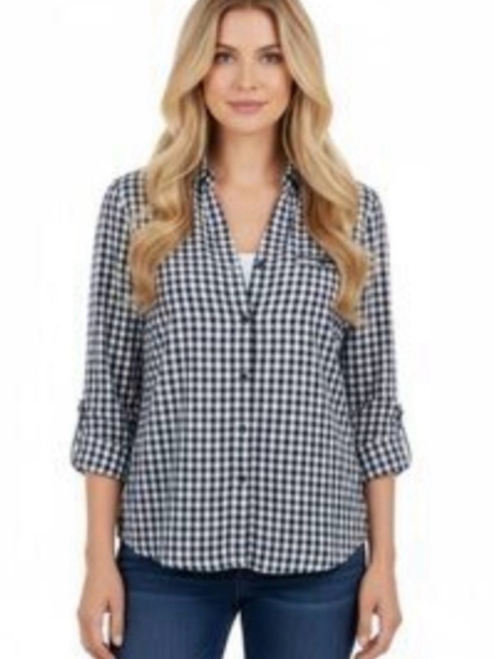 KUT from Kloth Feena M Women navy/white gingham roll tan shirt